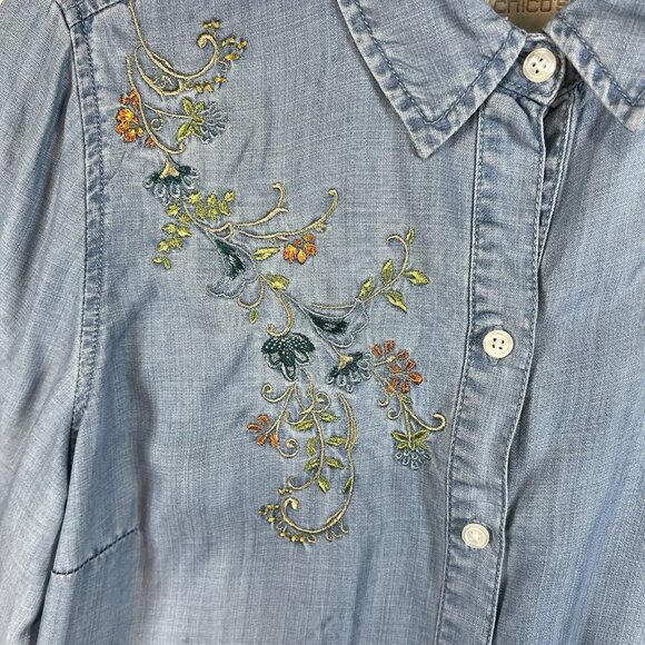 Chicos 0 Blouse Top Women’s S Blue Button Up Embroidered Floral Western Boho - Picture 4 of 10